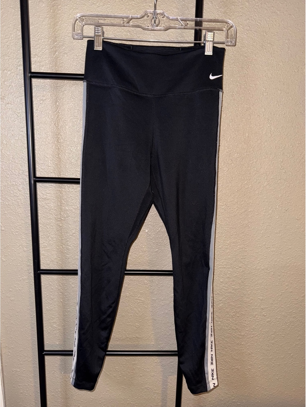 Nike Dri-FIT Black Leggings with White Side Stripe, Size Small